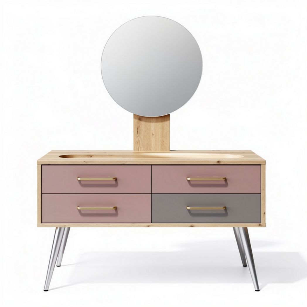Wooden bathroom vanity with round mirror and four drawers 100 x 50 x 80cm