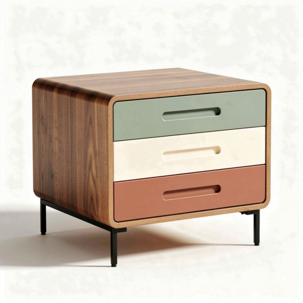 Wooden nightstand with three drawers in green, white and orange 45 x 40 x 40cm