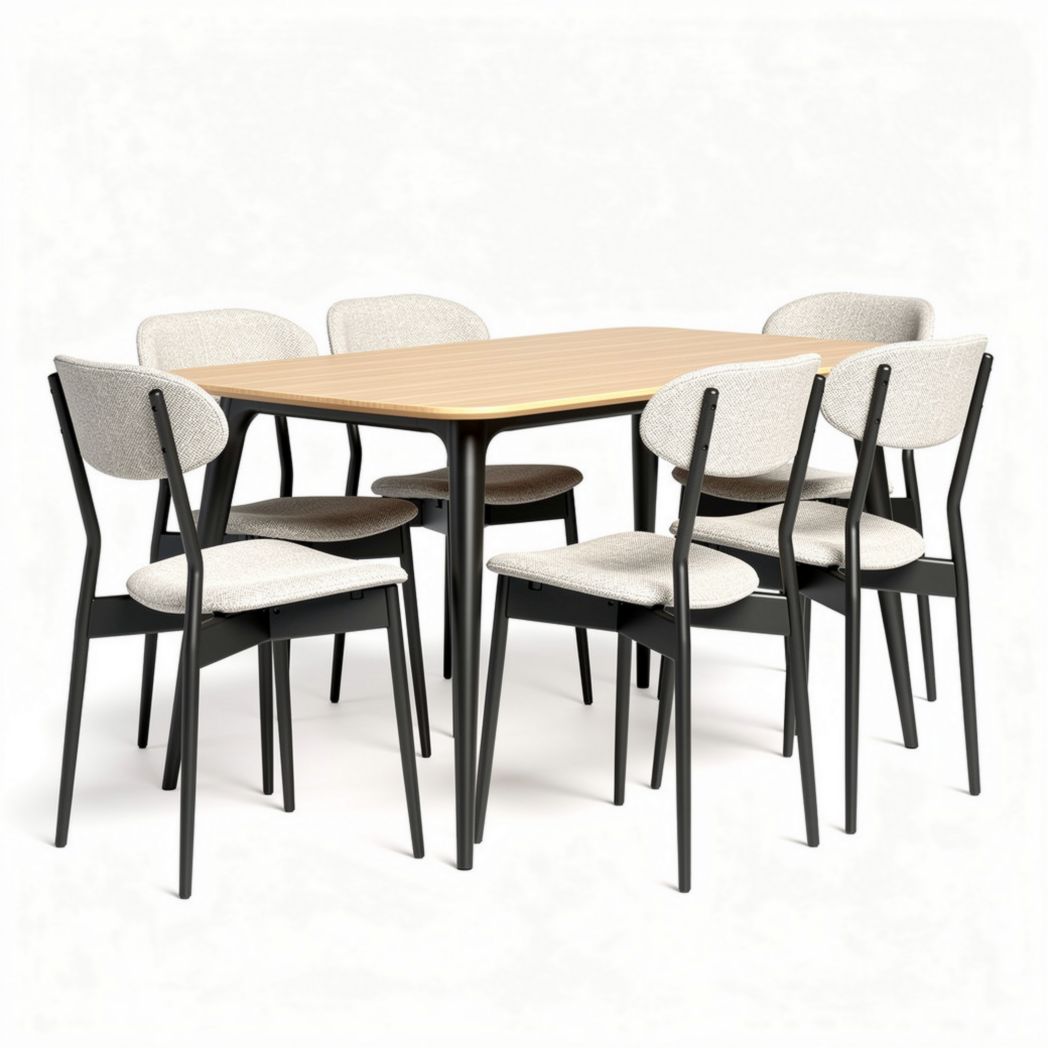 Dining table set with six upholstered chairs in wood and metal 150 x 75 x 75cm