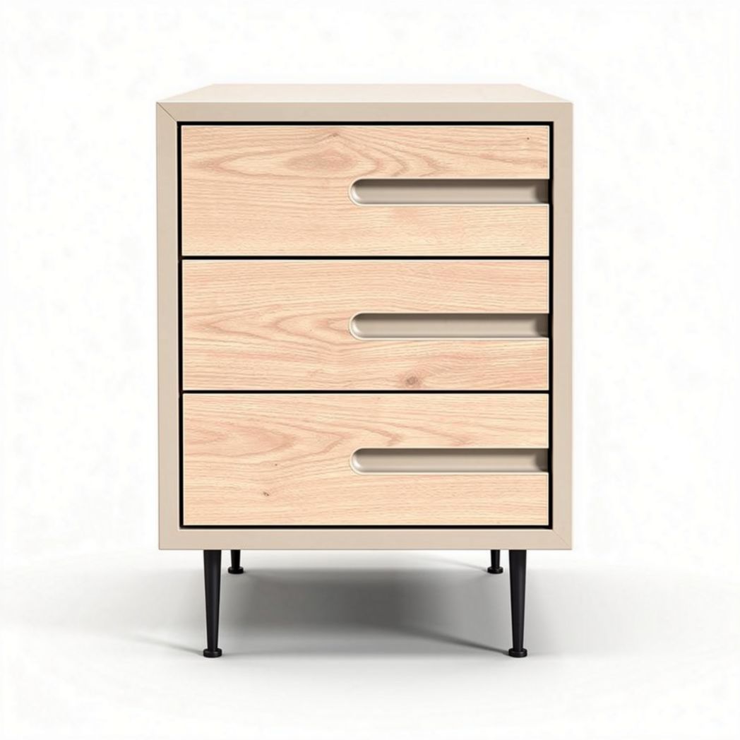 Wooden nightstand with three drawers and metal legs in natural finish 50 x 40 x 60cm