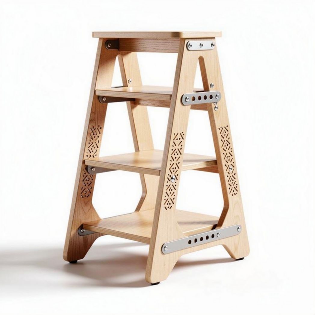 Wooden step ladder with three shelves for storage and support 90 x 50 x 120cm
