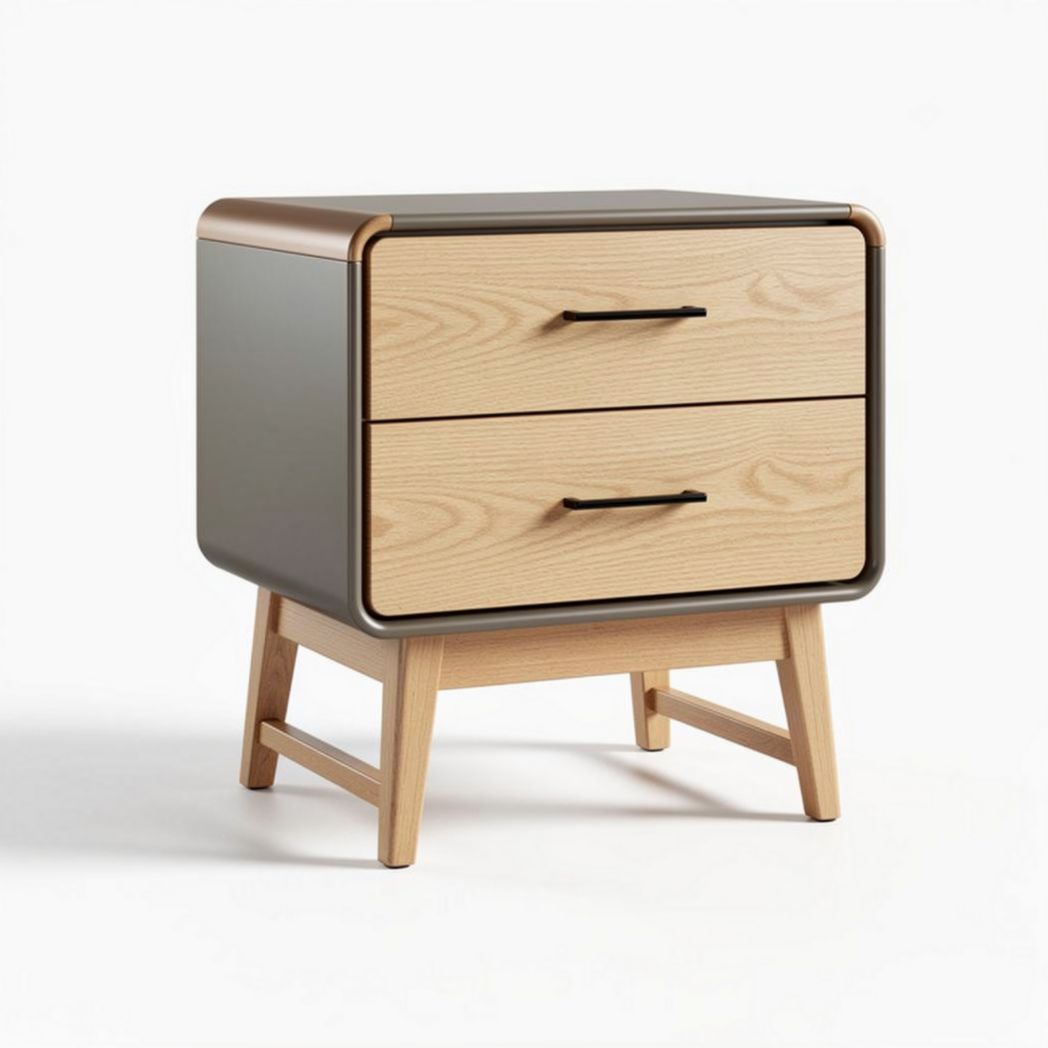 Modern nightstand with two drawers solid wood and metal accents 50 x 40 x 40cm