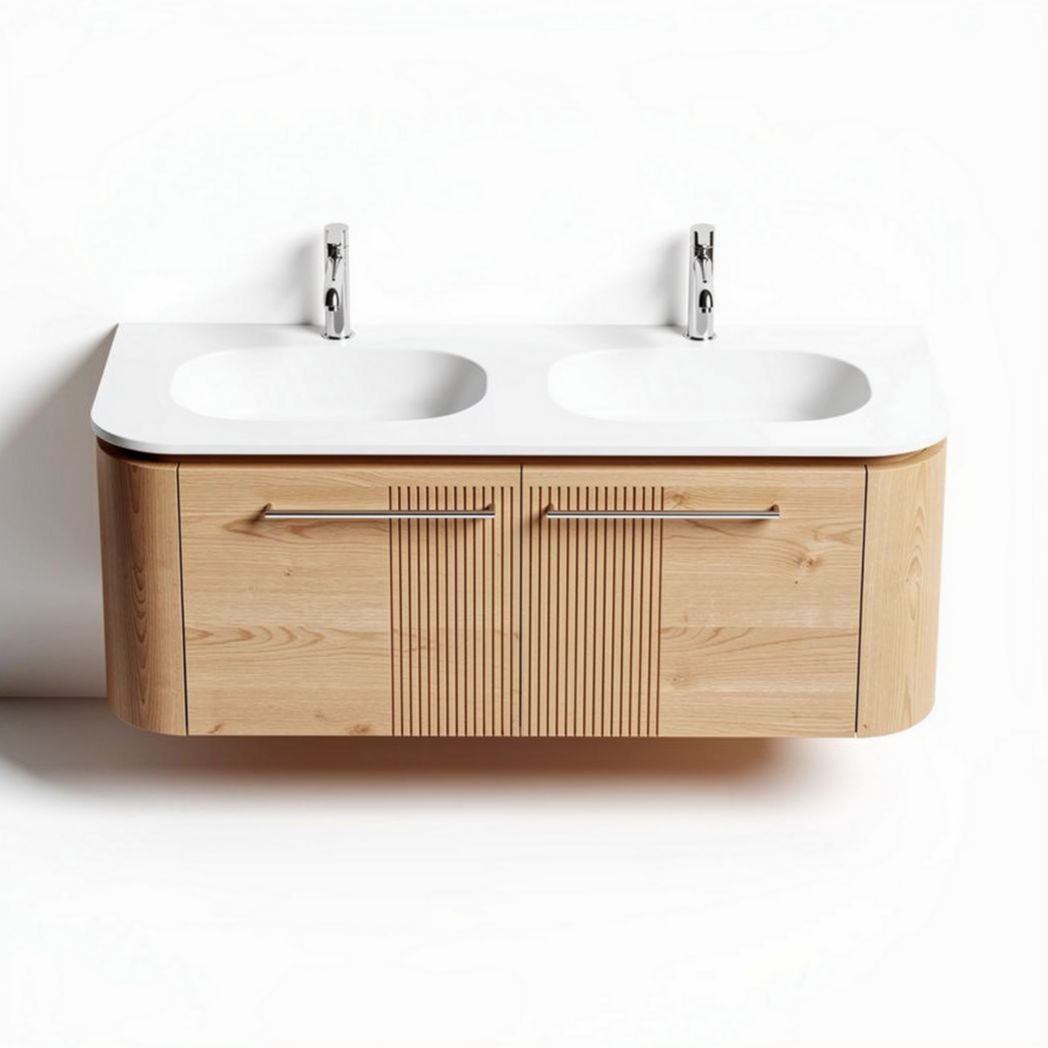 Double sink bathroom vanity with wood cabinet and white countertop 80 x 40 x 15cm
