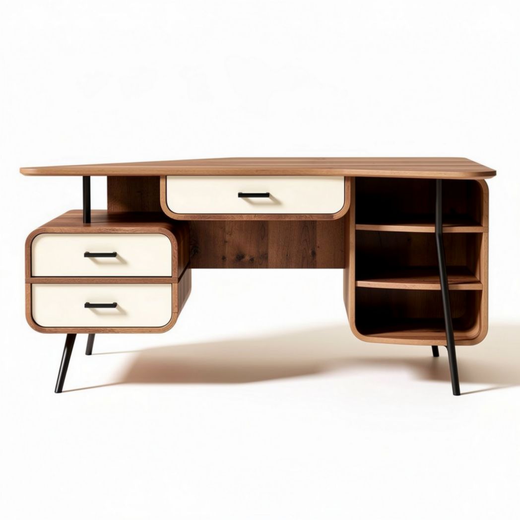 Wooden corner desk with drawers and open shelving in walnut finish 150 x 60 x 75cm